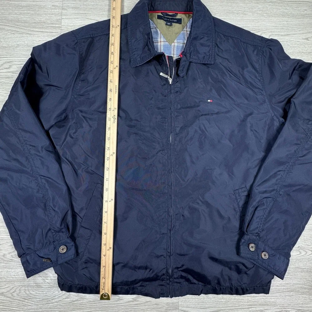 Tommy‎ Hilfiger Men's Jacket Windbreaker Navy Blue Large Plaid Lined Full Zip